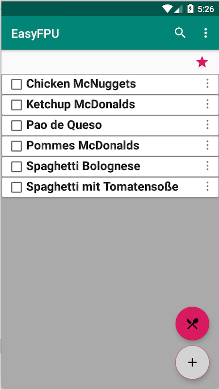 The food list filtered by favorites