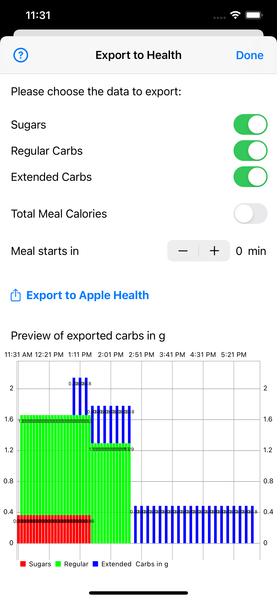 The preview of carbs exported to Apple Health